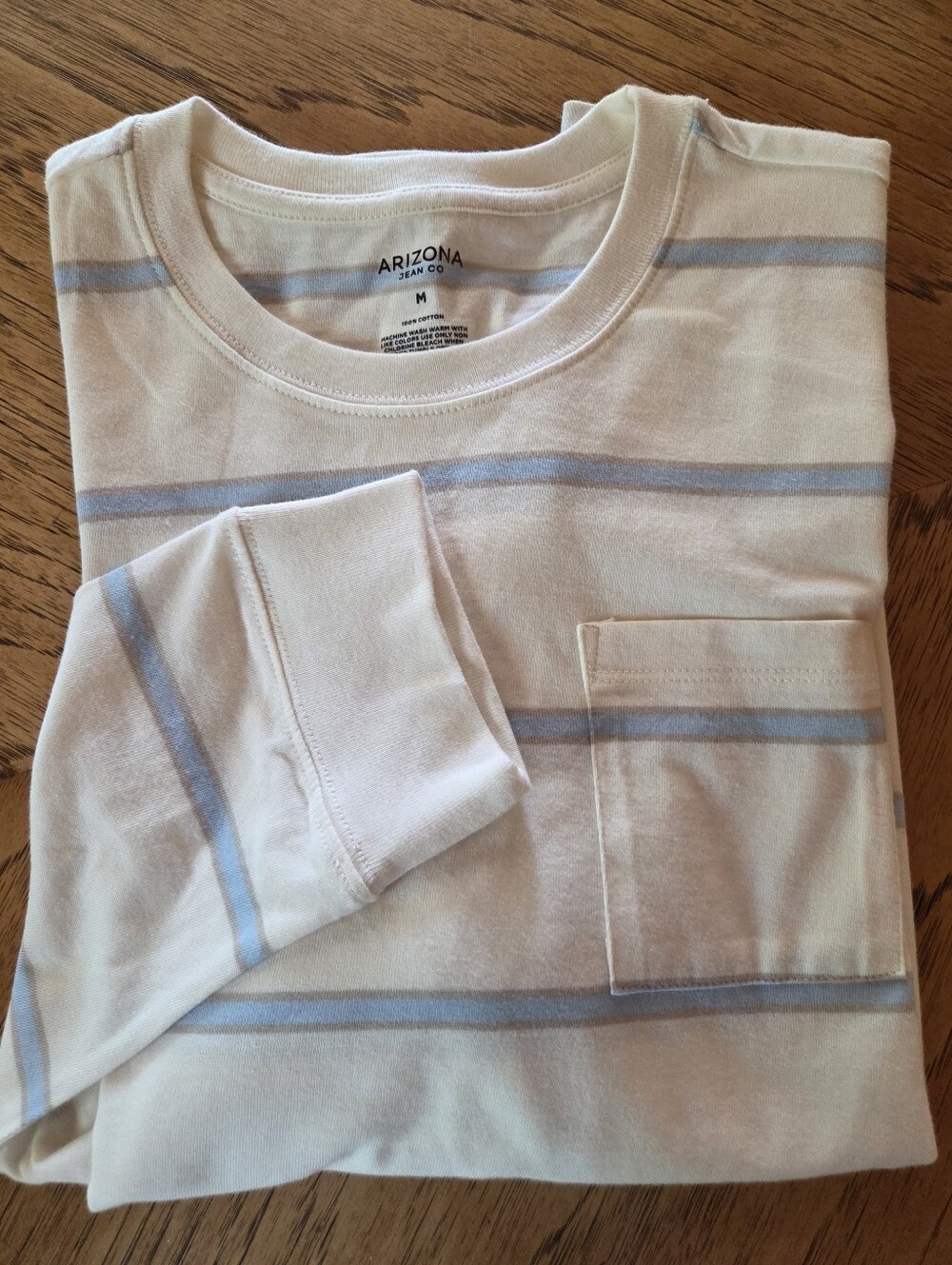 NWT Arizona Jean Co. Striped Pocket Tee in Cream and Light Blue Long Sleeved